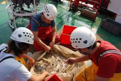 Las tareas de separación de muestras se pueden hacer excepcionalmente en cubierta gracias al buen tiempo / The sample separation tasks can be done exceptionally in the deck because of the good weather ©ICM-CSIC