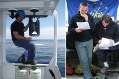 (Izquierda) Descansando sobre los depósitos de etanol y formol (fundamentales para la conservación de la fauna extraída del fondo marino) está permanentemente nuestro buen amigo Santi. Él dice que está pintando la pasteca y el casco, pero nosotros sabemos